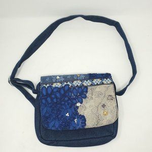 Denim Jean Purse Handbag Messenger Bag Embroidered Rhinestone Pearl